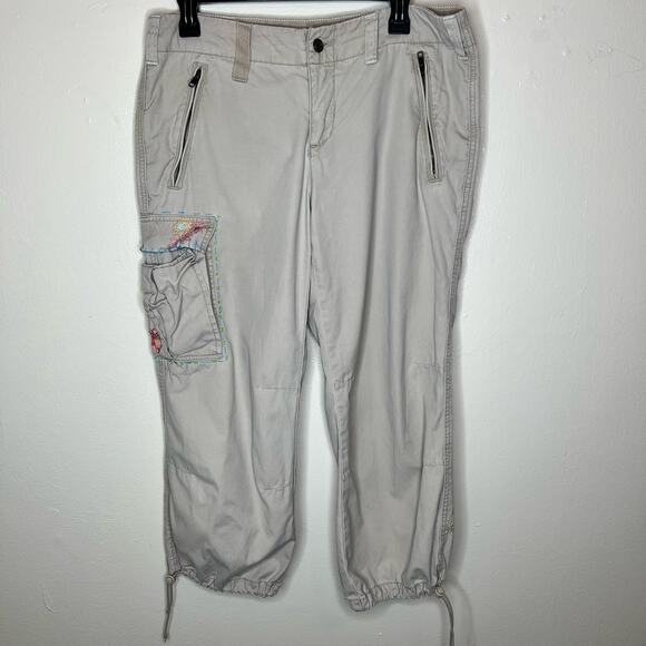 Y2K Express Precision Fit Cargo Pants 12 Embroidered Floral Crop Beige Vintage - Picture 1 of 10